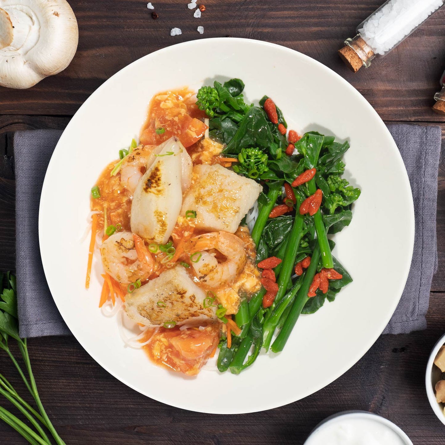A. Singaporean Style Seafood W/ Seasonal Vegetables, Vermicelli Noodles And Singaporean Tomato Egg Sauce