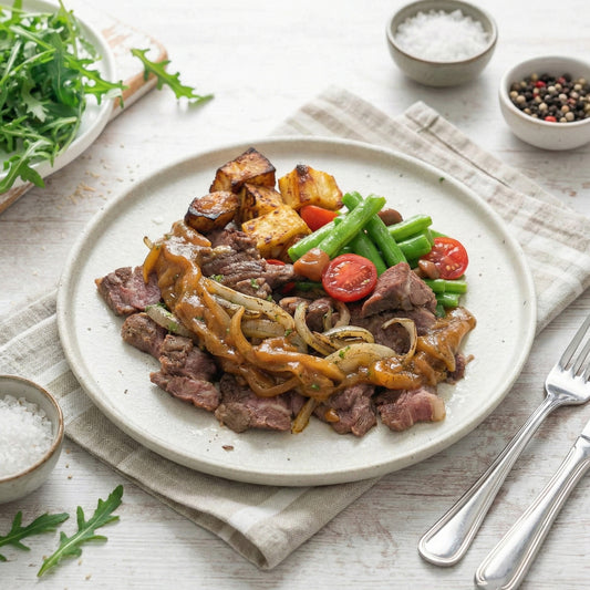 Rib Eye Steak W/ Onion Sauce, Seasonal Greens And Baked Potato