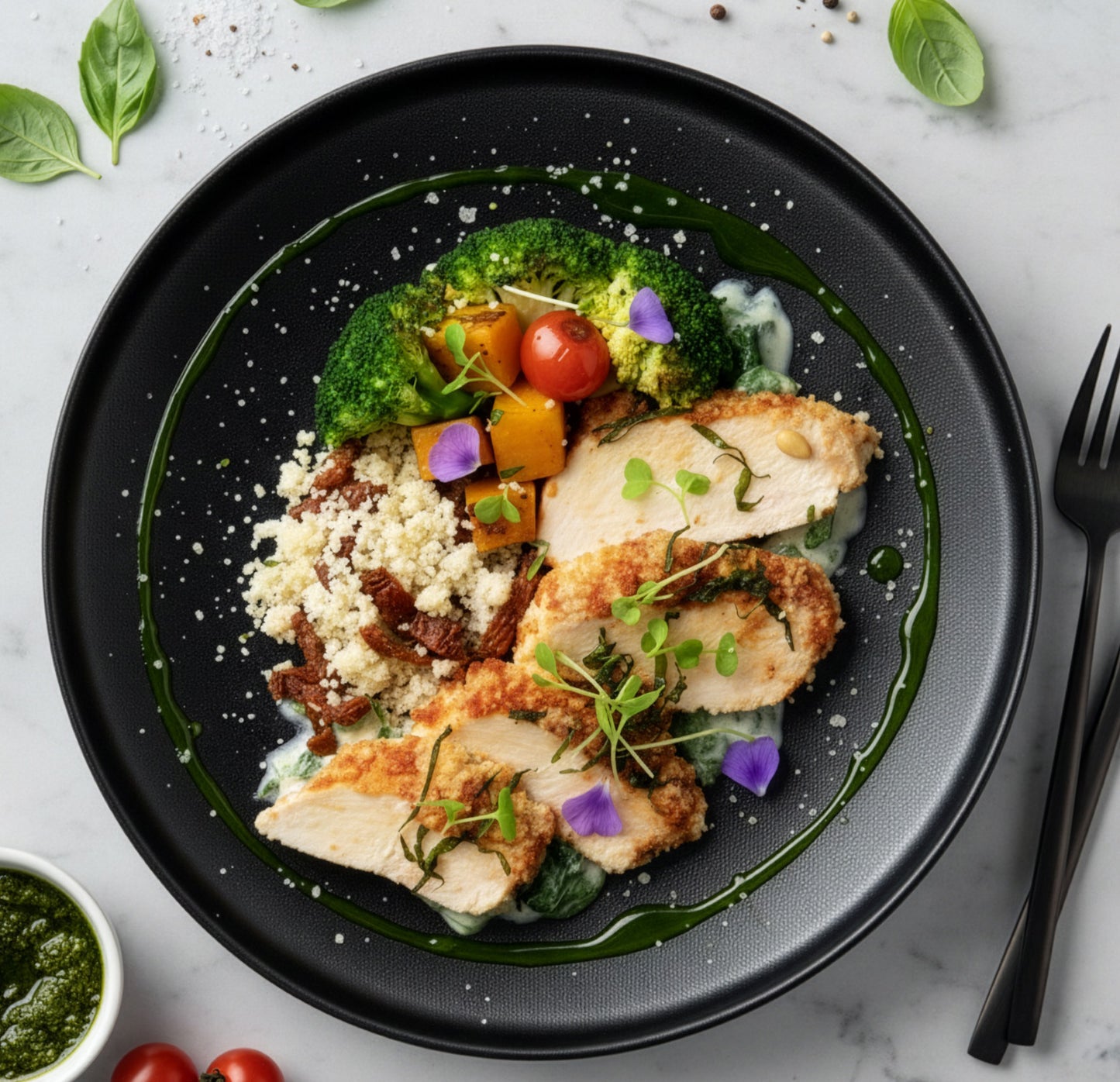 Slow Cooked Tuscan Style Chicken Breast W/ Roast Vegetables And Pumpkin Couscous