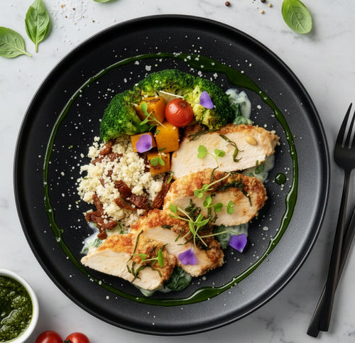 Slow Cooked Tuscan Style Chicken Breast W/ Roast Vegetables And Pumpkin Couscous