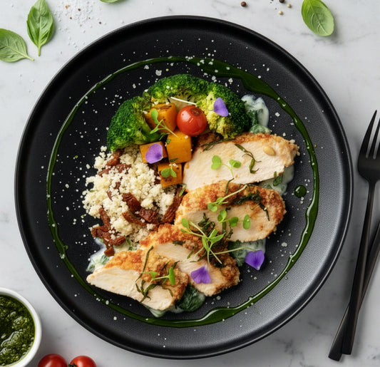 Slow Cooked Tuscan Style Chicken Breast W/ Roast Vegetables And Pumpkin Couscous