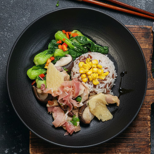 Braised Chicken W/ Mushroom, Bamboo Pith, Parma Ham And Seasonal Vegetables W/ Corn Mix Grain Rice