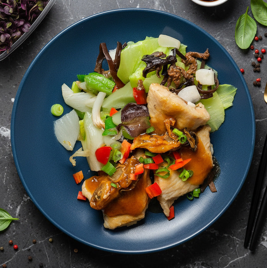 Braised Fish W/ Mushroom And Seasonal Vegetable