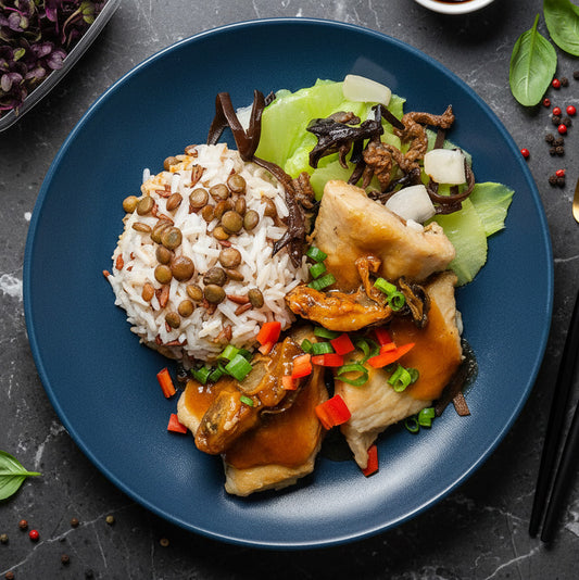 Braised Fish W/ Mushroom, Seasonal Vegetable And Lentil Rice