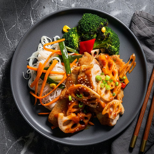 Kung Pao Pork Loin W/ Lotus Root, Seasonal Vegetables And Healthy Rice Noodles