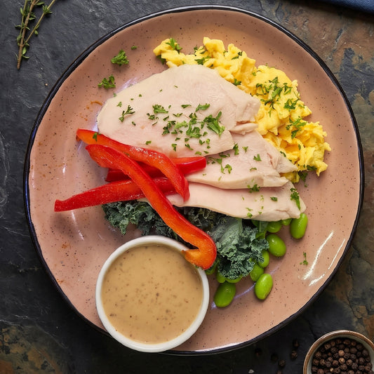 Scrambled Eggs w/ Poached Chicken and Side Salad