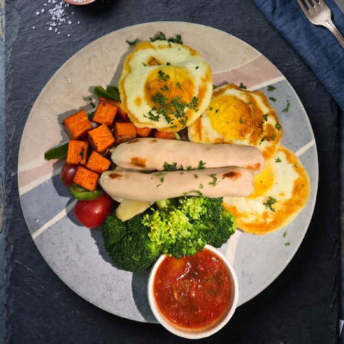 Oven Baked Eggs w/ Lean Veal Sausage and Sweet Potatoes