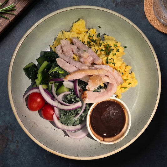 Texas Style Eggs w/ Pork Loin and Balsamic Kale Salad