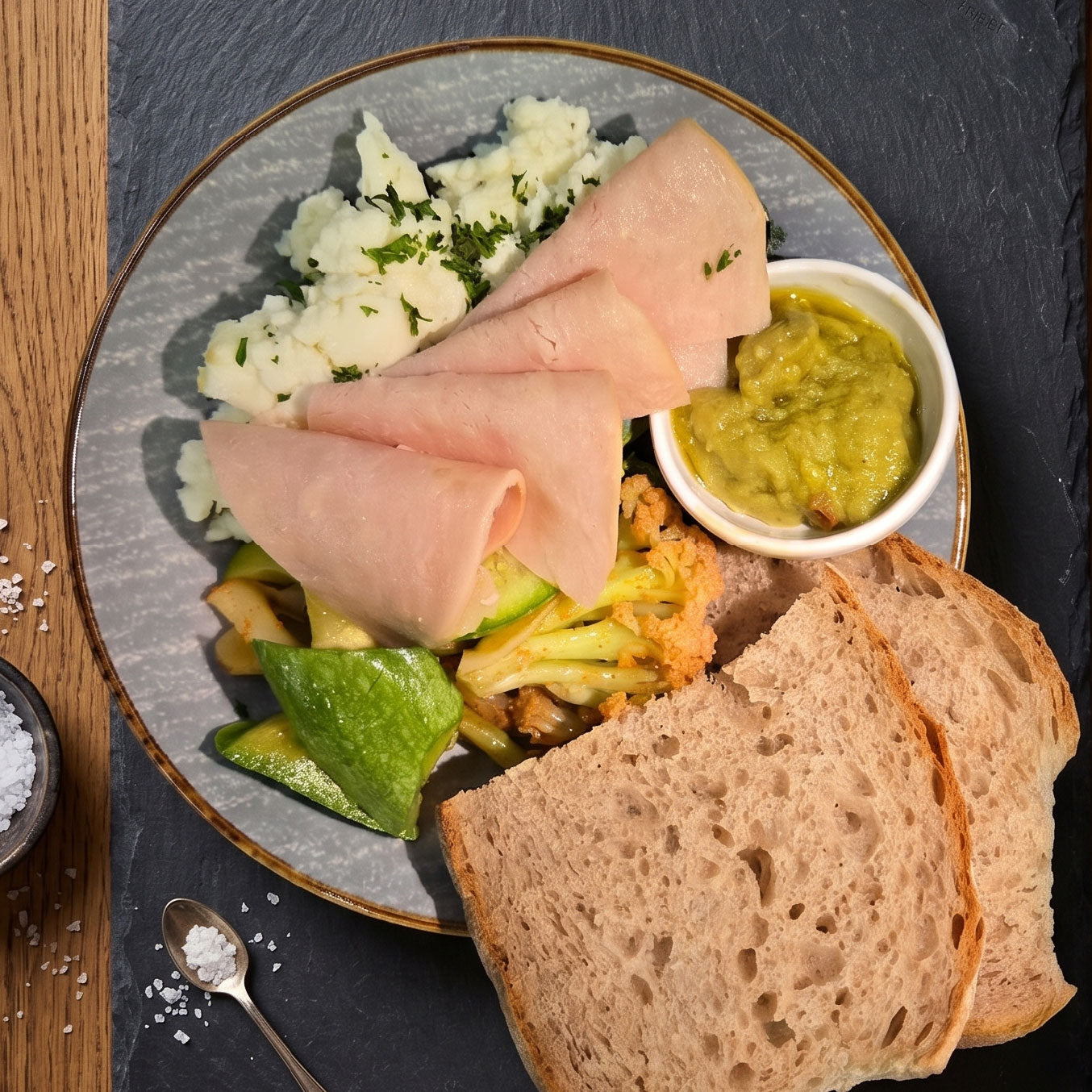 Egg Whites w/ Baked Ham, Roasted Veggie Salad and Wholewheat Bread