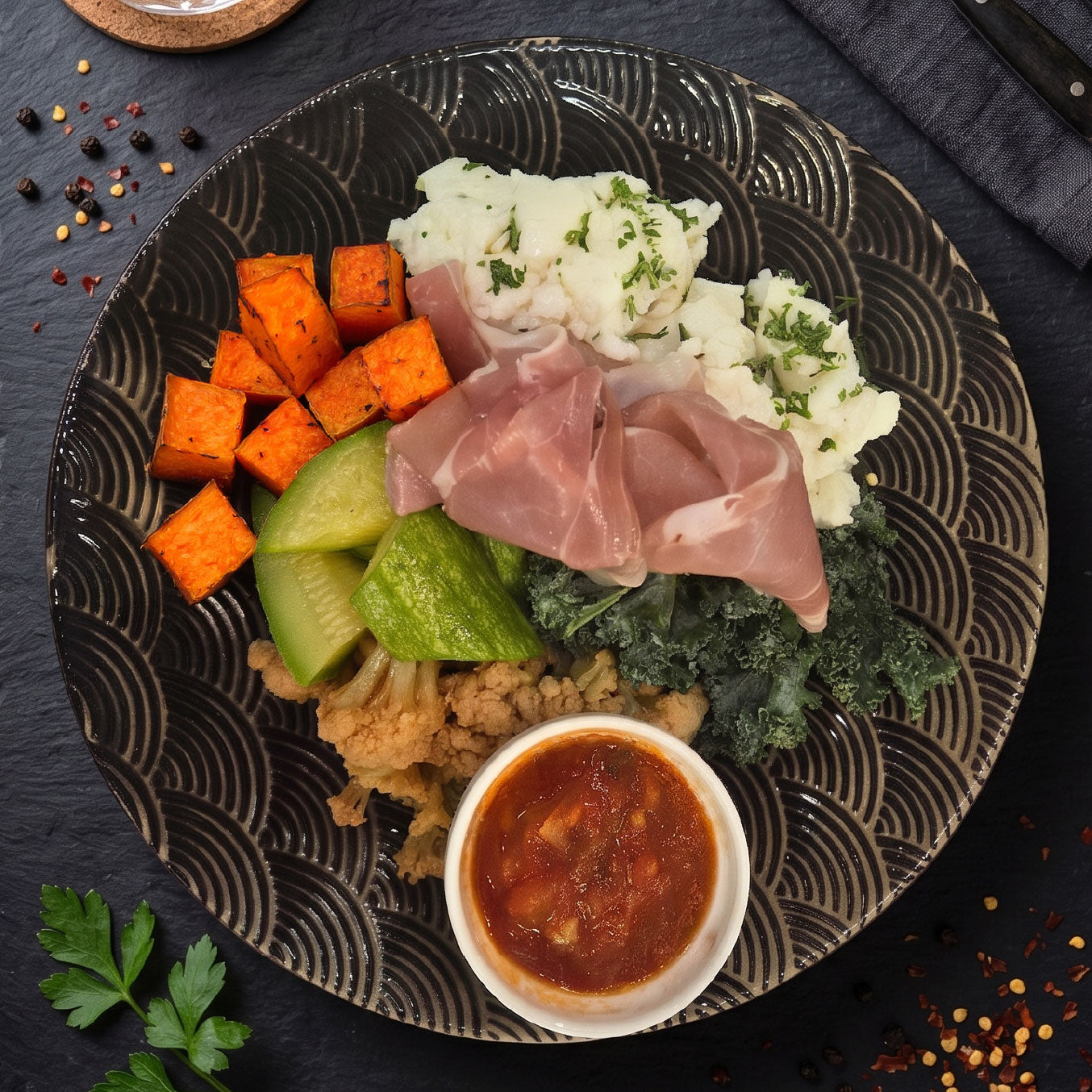 Fluffy Egg whites w/ Italian Parma Ham and Sweet Potatoes