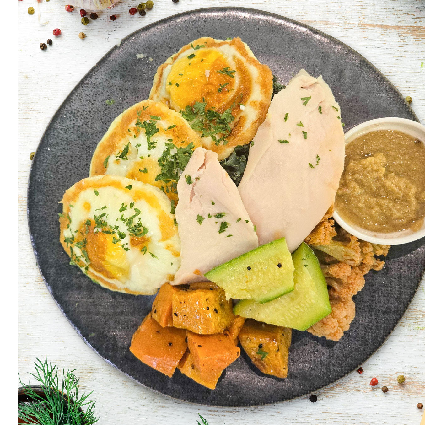 Turkish Baked Eggs w/ Slow Cooked Chicken Breast and Cumin Hummus