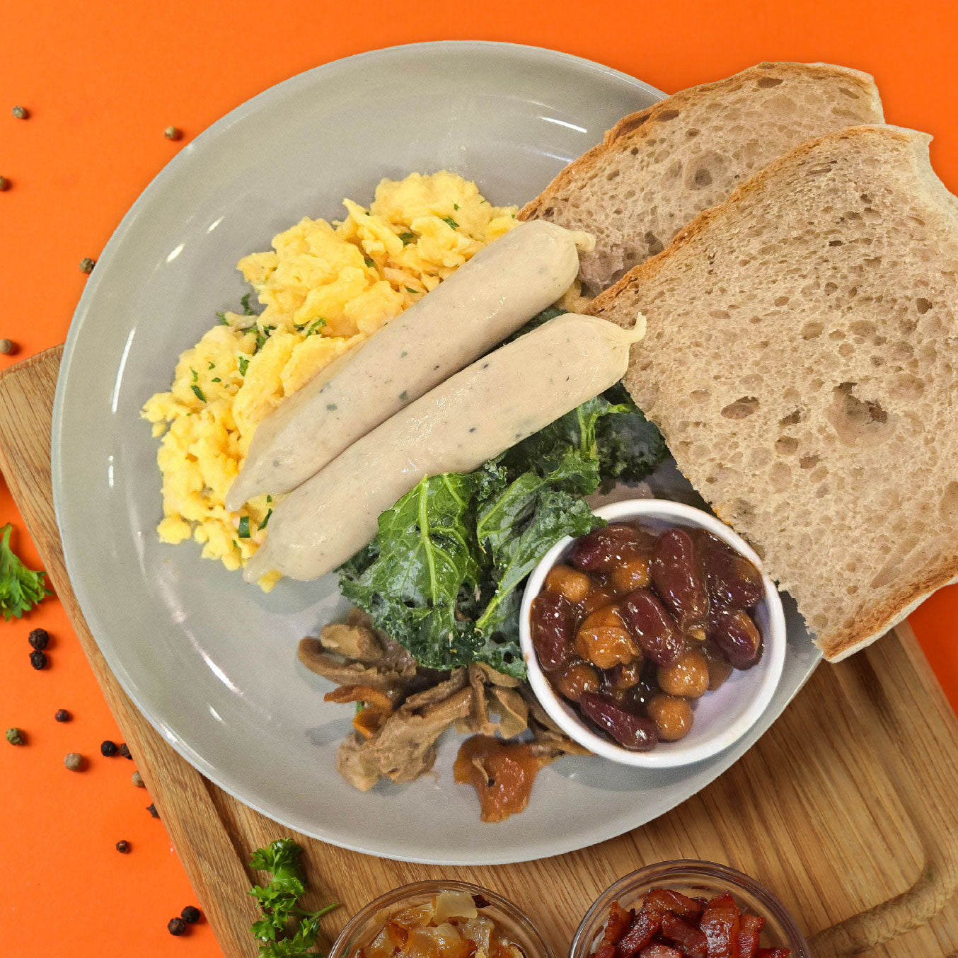 Scrambled Eggs w/ Chicken Herb Links and Wholewheat Bread