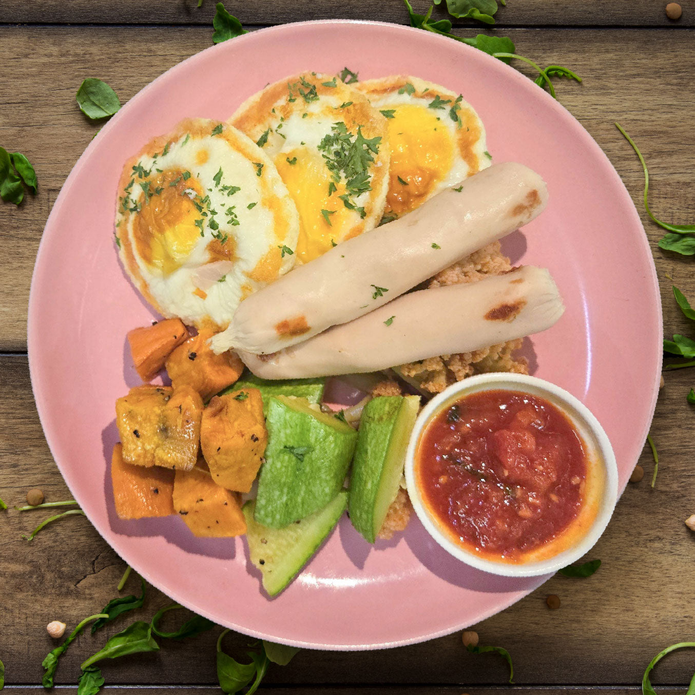 Roasted Eggs w/ Chicken Herb Links, Charred Sweet Potato And Homemade Tomato Sauce