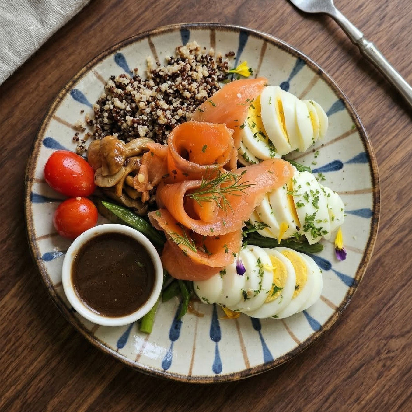Smoked Salmon Energy Bowl w/ Eggs, Organic Quinoa and Balsamic Honey Dressing