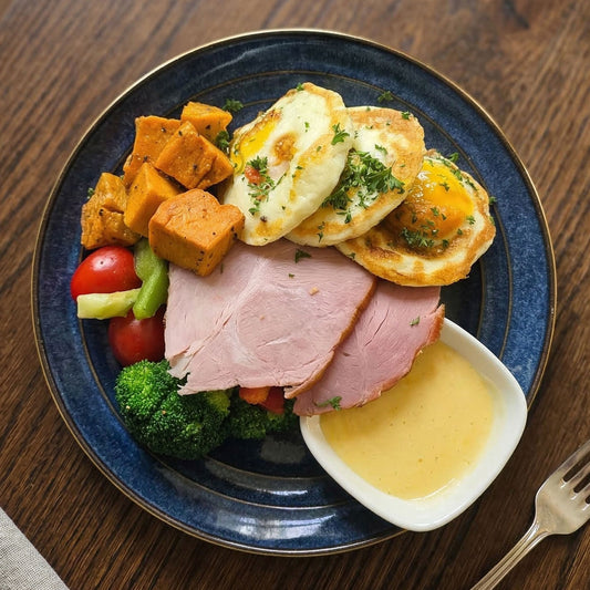 Baked Eggs and Ham Breakfast w/ Sweet Potato and Cream Cheese