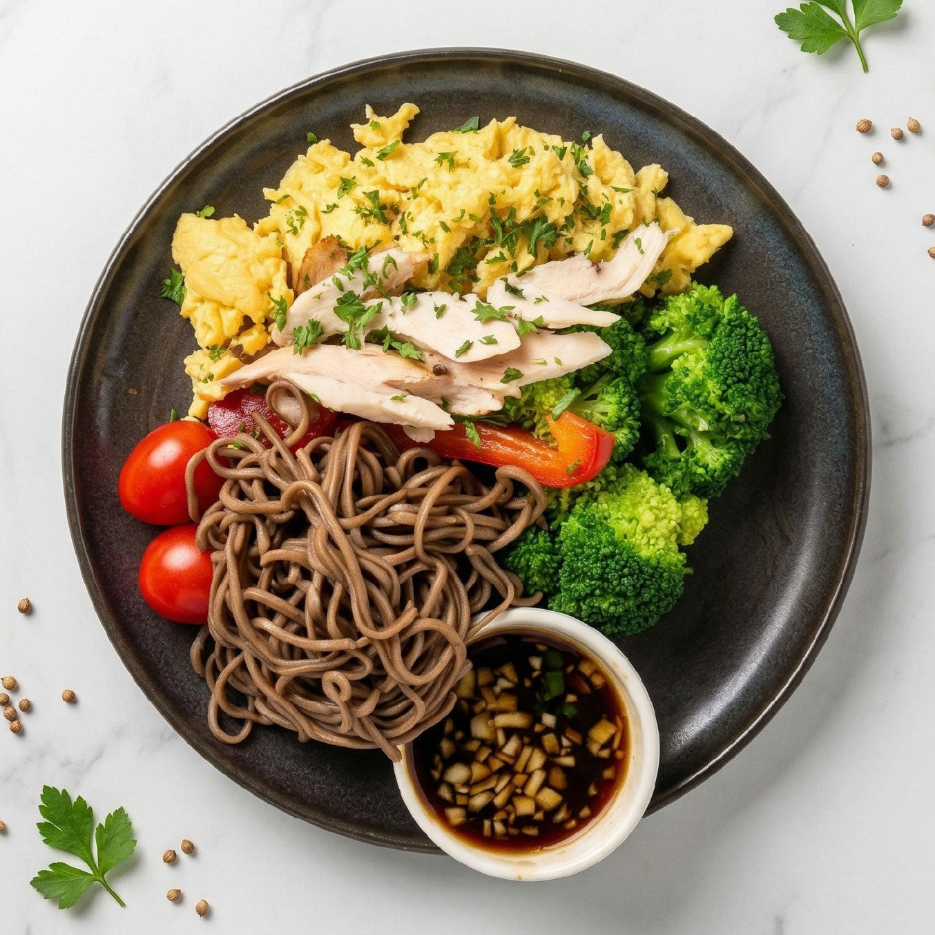 Ginger Soy Poached Chicken w/ Egg and Soba Noodles