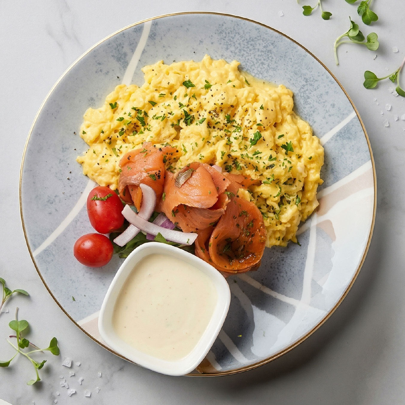 Scrambled Eggs w/ Norwegian Smoked Salmon, Cream Cheese and Side Salad