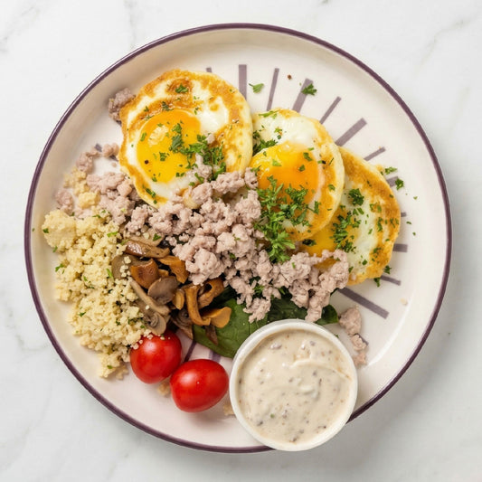 Greek Power Breakfast w/ Baked Eggs, Cumin Spiced Pork and Cous Cous