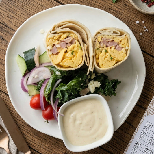 Breakfast Egg and Pork Loin Wrap w/ Caesar Kale Salad