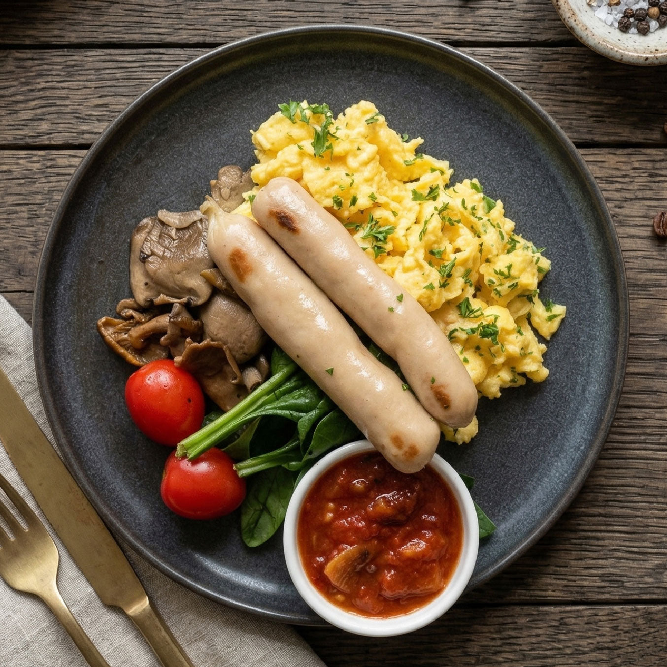 Scrambled Eggs w/ Veal Sausage and Side Salad
