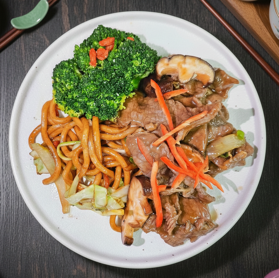 Healthy Beef Stirfry W/ Mushroom, Seasonal Vegetables And Shanghai Noodles