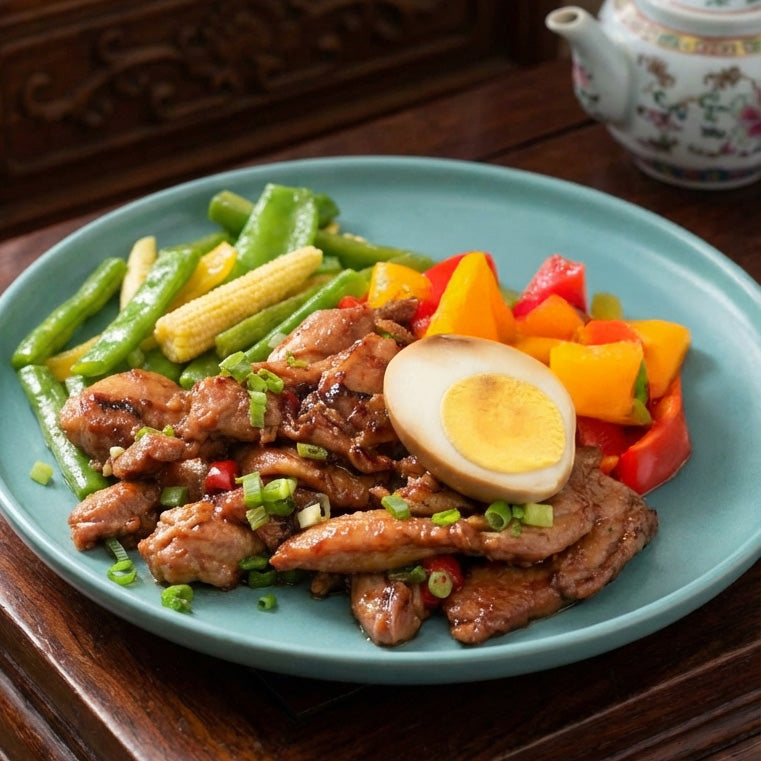 Shandong Chicken W/ Mushroom, Soy-Marinated Egg, Asian Greens