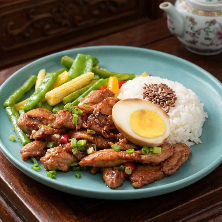 Shandong Chicken W/ Mushroom, Soy-Marinated Egg, Asian Greens And Flaxseed Rice