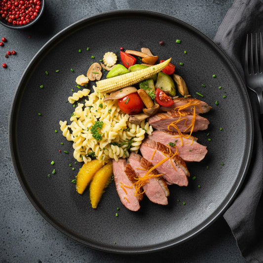 Duck Breast L'Orange W/ Mix Vegetables And Fusilli Quinoa Pasta