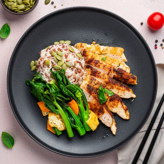 Balinese Style Bbq Pork Loin W/ Seasonal Vegetables And Pumpkin Seeds Mix Grain Rice
