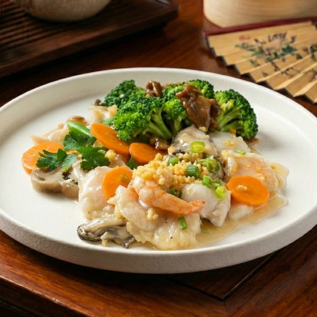 Sautee Ginger And Scallion Seafood W/ Asian Greens